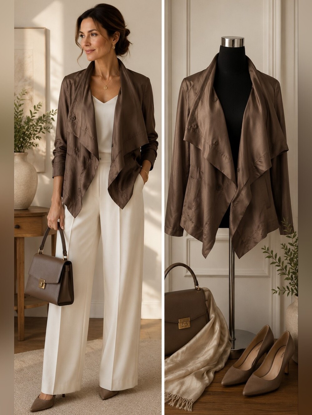 Sandra Angelozzi Designer Asymmetrical Lagenlook Taupe Drape Jacket Satin Look